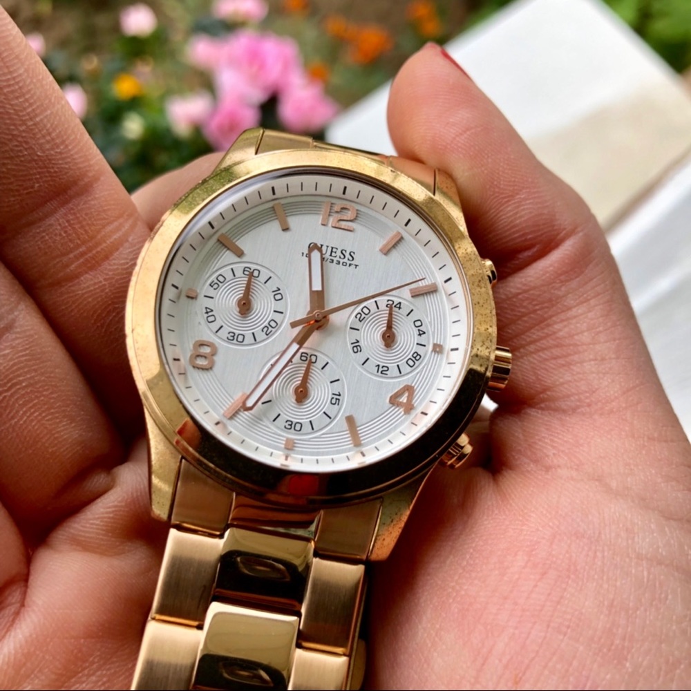 Chrono white dial rose gold stainless steel watch